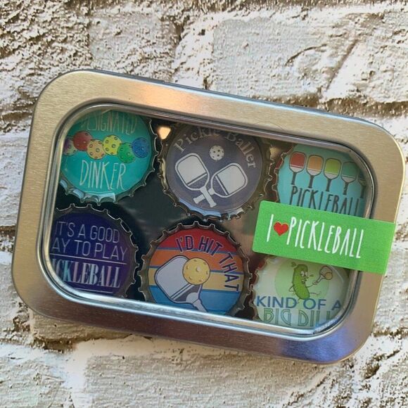 NIB New Kate's Magnets I Love Pickleball Bottlecap Magnets Set of 6 Handmade USA - Picture 1 of 5